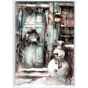 Vintage Christmas Snowman Lithograph Postcard 5.5x4 in Holiday Scene